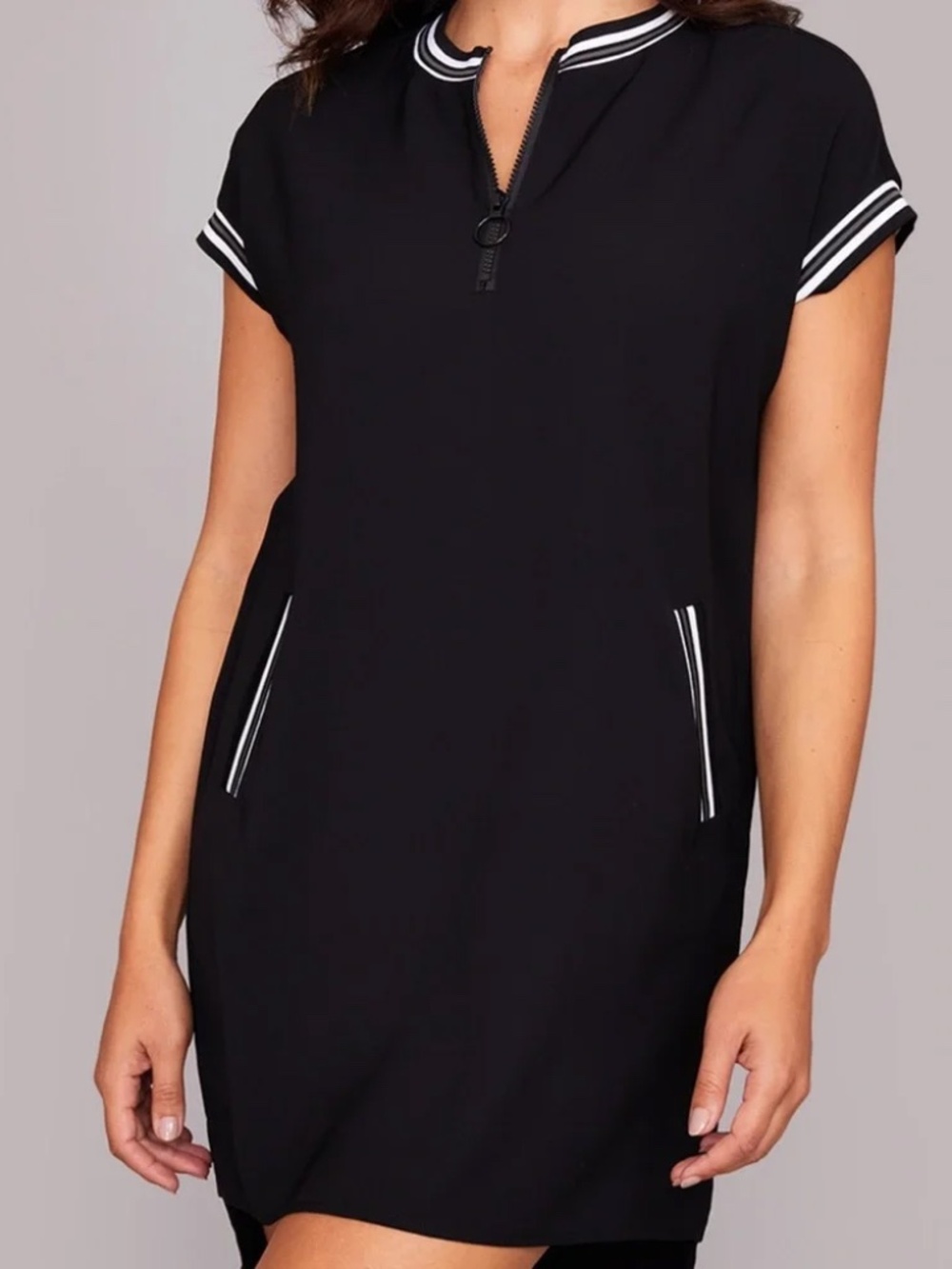 Peace of Cloth Quinn Dress M Black White Striped Trim Zip Pockets